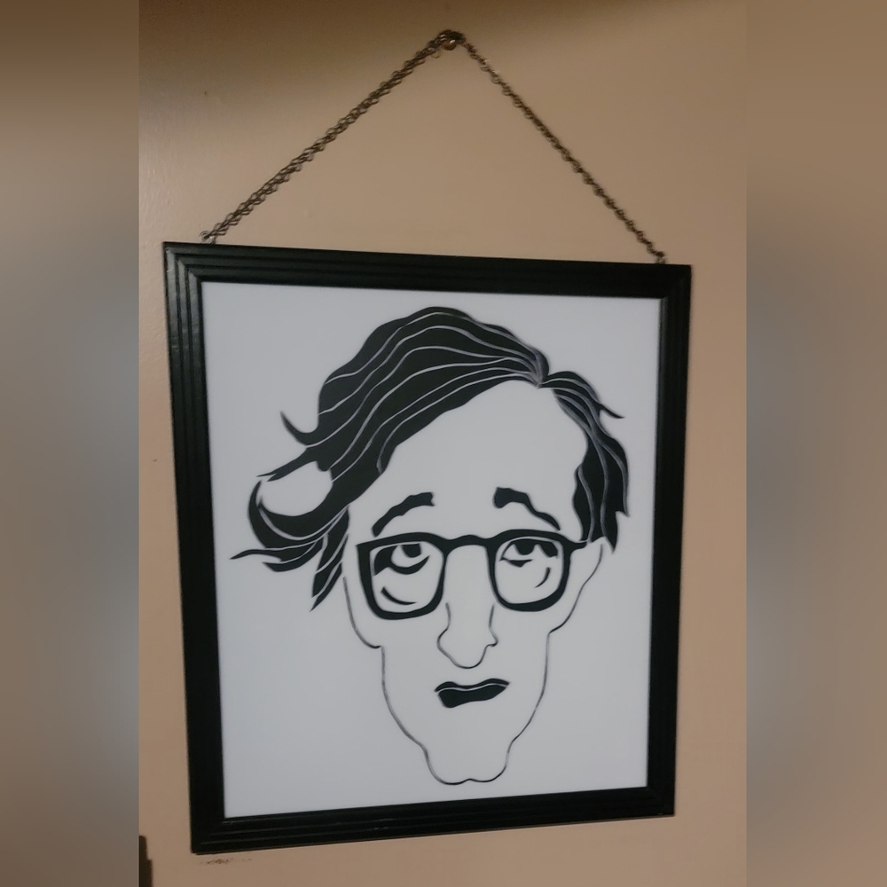 WOODY ALLEN MILK GLASS ETCHED HAND PAINTED